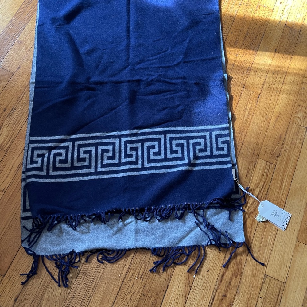 Navy Blue and Gray Scarf with Greek Key Pattern